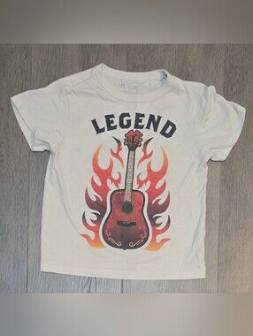 The Childrens Place Off White T with 'Legend' Guitar and Flame Graphic Size 4